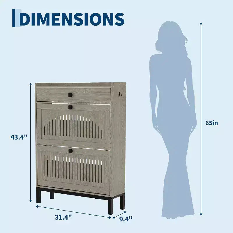 Meuble à chaussures d'entrée avec 2 tiroirs basculants, tiroir supérieur et panneau creux – 79,8 cm L x 110,2 cm H, MDF