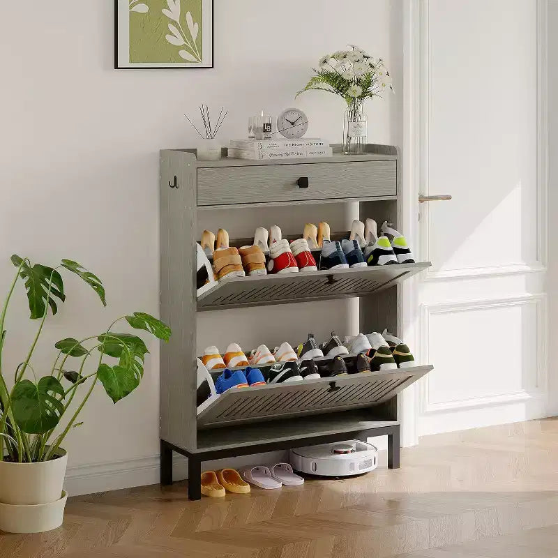 Meuble à chaussures d'entrée avec 2 tiroirs basculants, tiroir supérieur et panneau creux – 79,8 cm L x 110,2 cm H, MDF