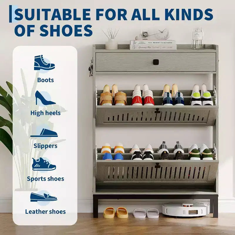 Meuble à chaussures d'entrée avec 2 tiroirs basculants, tiroir supérieur et panneau creux – 79,8 cm L x 110,2 cm H, MDF