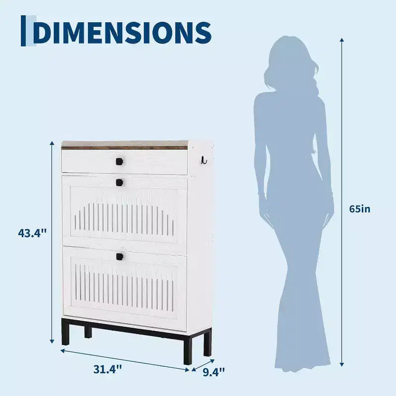 Meuble à chaussures d'entrée avec 2 tiroirs basculants, tiroir supérieur et panneau creux – 79,8 cm L x 110,2 cm H, MDF
