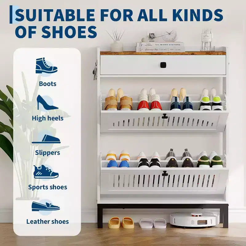 Meuble à chaussures d'entrée avec 2 tiroirs basculants, tiroir supérieur et panneau creux – 79,8 cm L x 110,2 cm H, MDF
