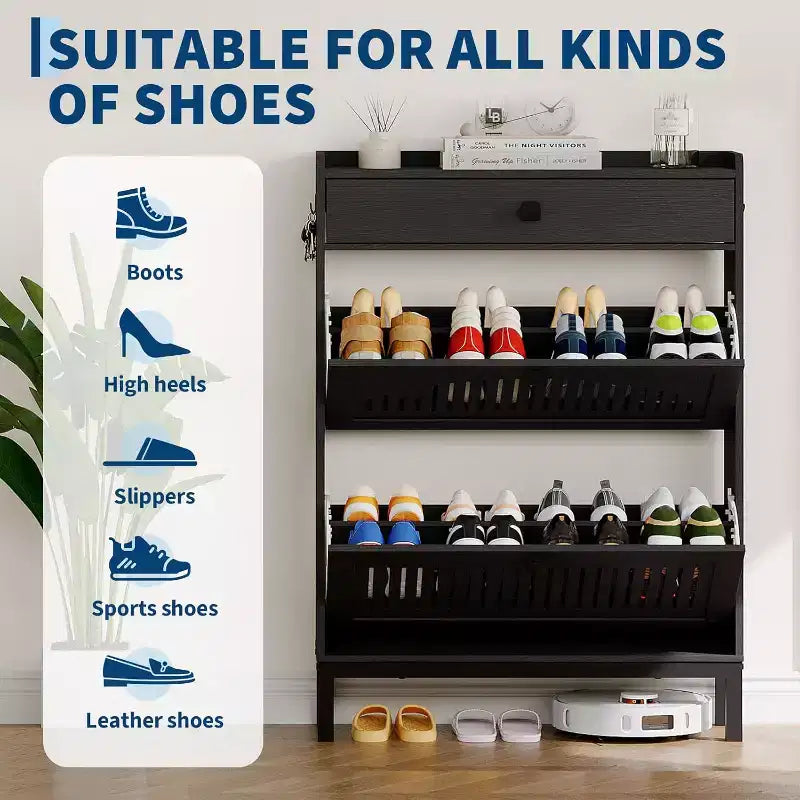 Meuble à chaussures d'entrée avec 2 tiroirs basculants, tiroir supérieur et panneau creux – 79,8 cm L x 110,2 cm H, MDF