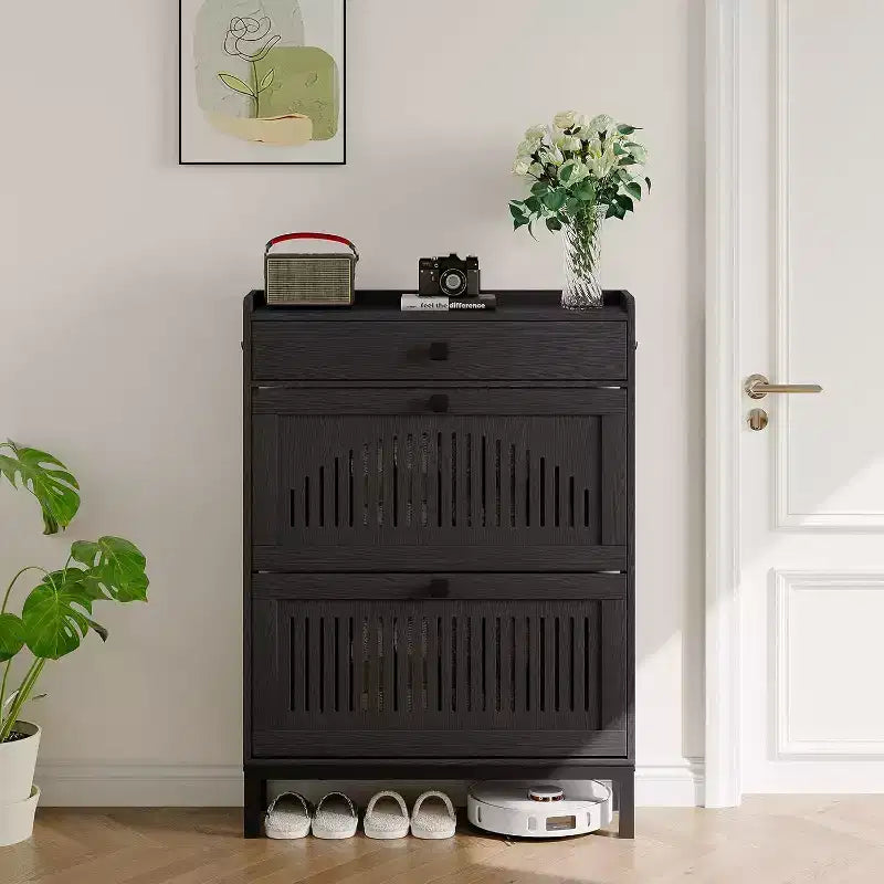 Shoe Storage Cabinet with 2 Flip Drawers & Top Drawer, Hollow Out Panel & Black Square Handles, Adjustable Shoe Rack Organizer for Entryway