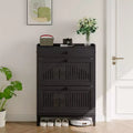 Shoe Storage Cabinet with 2 Flip Drawers & Top Drawer, Hollow Out Panel & Black Square Handles, Adjustable Shoe Rack Organizer for Entryway