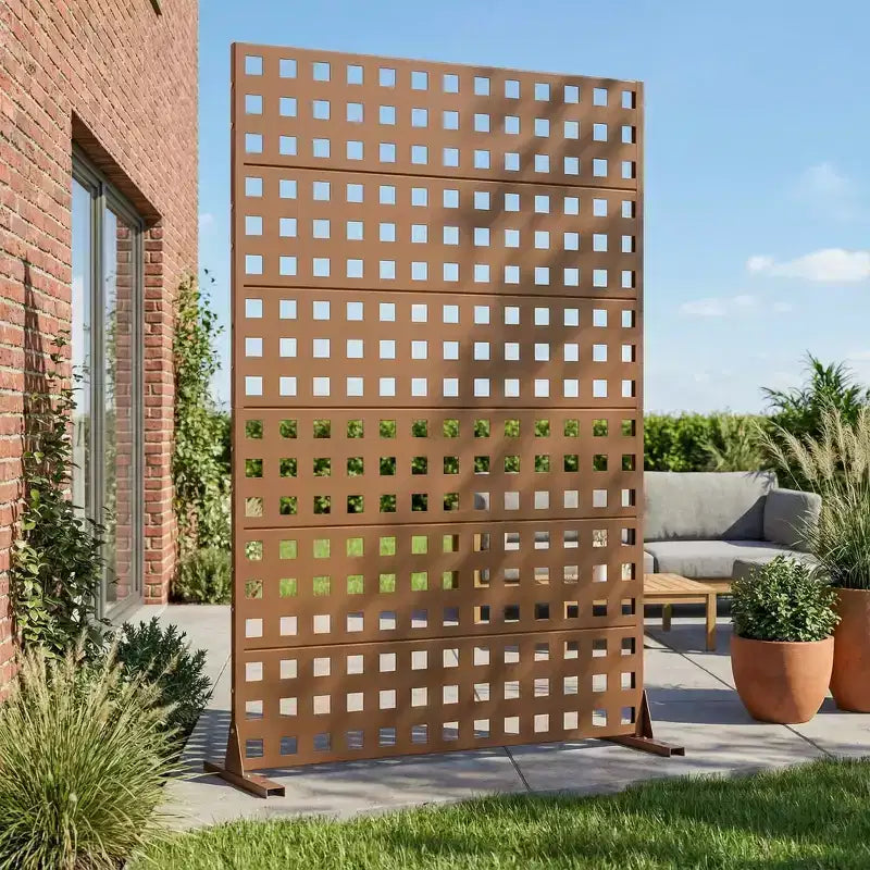 Séparateur de pièce grillagé en acier galvanisé à 6 panneaux – 72"x47"x16", Marron, Écran d'intimité pour patio extérieur