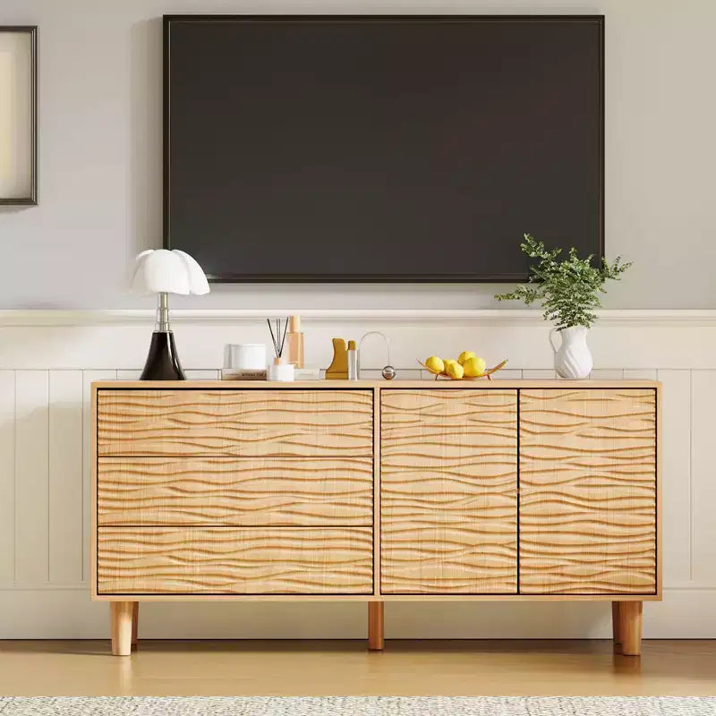 Bahut cannelé de 155 cm avec 3 tiroirs et 2 portes - Bois composite, Salle à manger et Salon