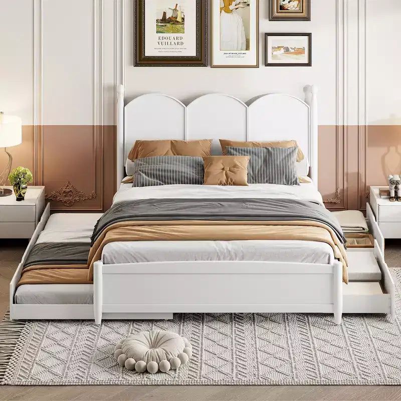 Lit plateforme Queen avec 2 tiroirs et lit gigogne double XL – MDF et pin, capacité de 340 kg, tête de lit incurvée
