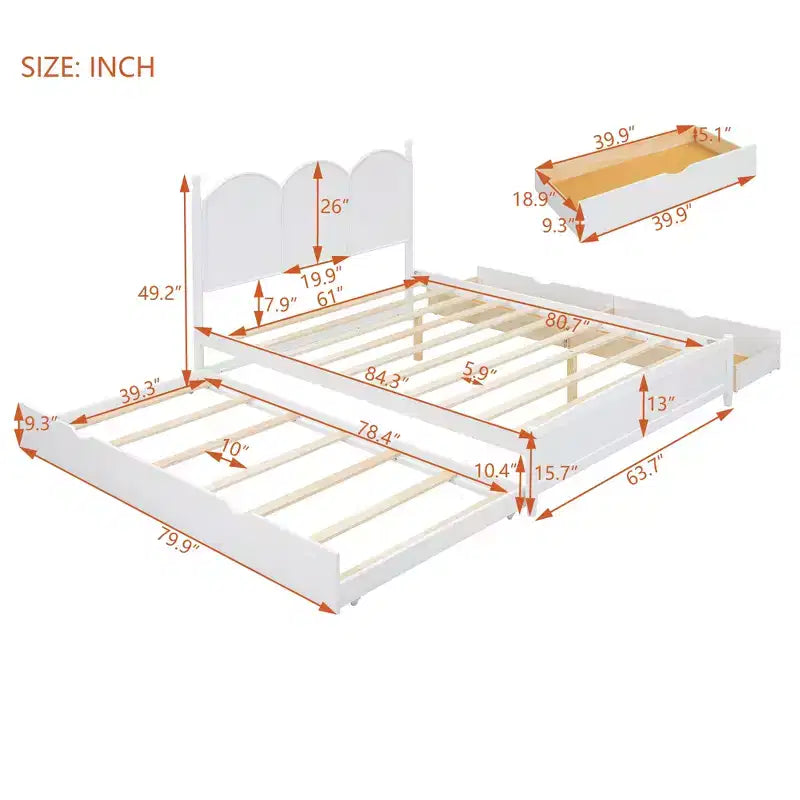 Lit plateforme Queen avec 2 tiroirs et lit gigogne double XL – MDF et pin, capacité de 340 kg, tête de lit incurvée