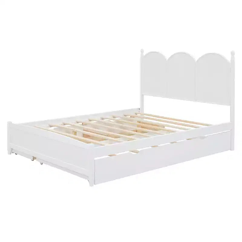 Lit plateforme Queen avec 2 tiroirs et lit gigogne double XL – MDF et pin, capacité de 340 kg, tête de lit incurvée