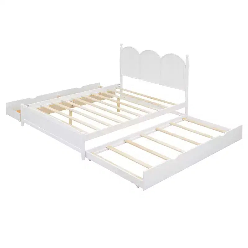Lit plateforme Queen avec 2 tiroirs et lit gigogne double XL – MDF et pin, capacité de 340 kg, tête de lit incurvée