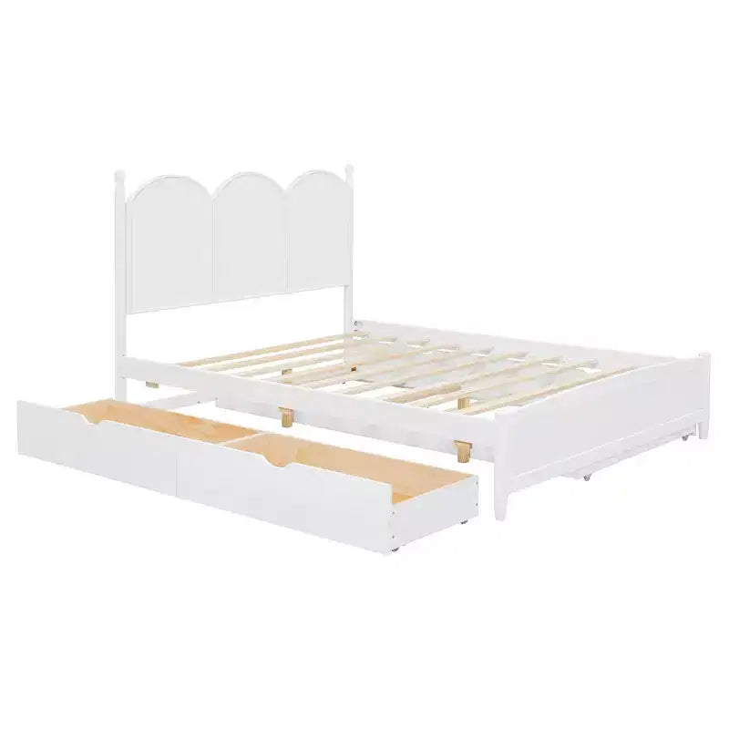Lit plateforme Queen avec 2 tiroirs et lit gigogne double XL – MDF et pin, capacité de 340 kg, tête de lit incurvée