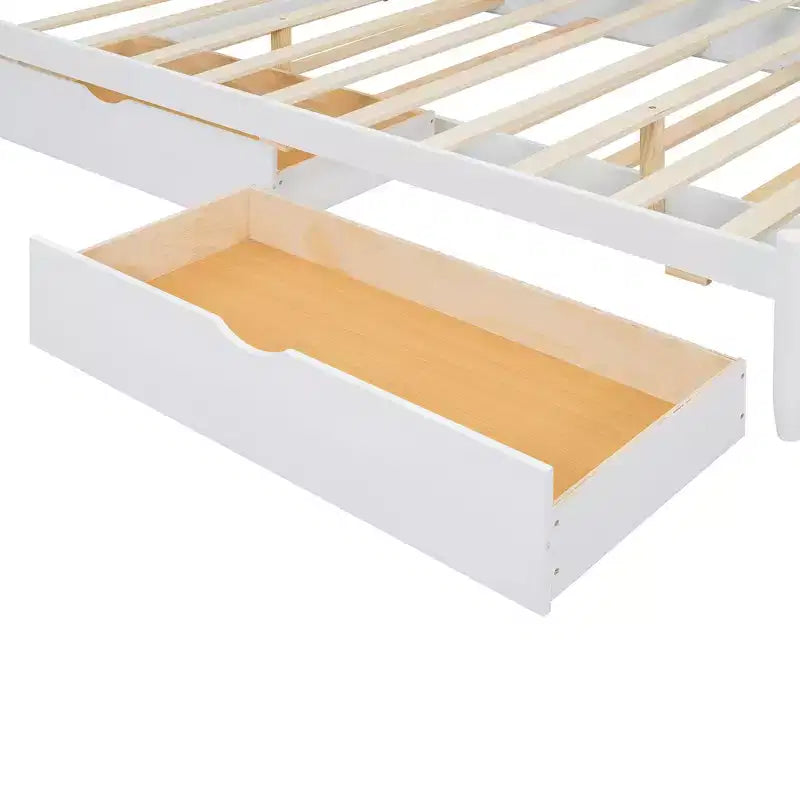 Lit plateforme Queen avec 2 tiroirs et lit gigogne double XL – MDF et pin, capacité de 340 kg, tête de lit incurvée