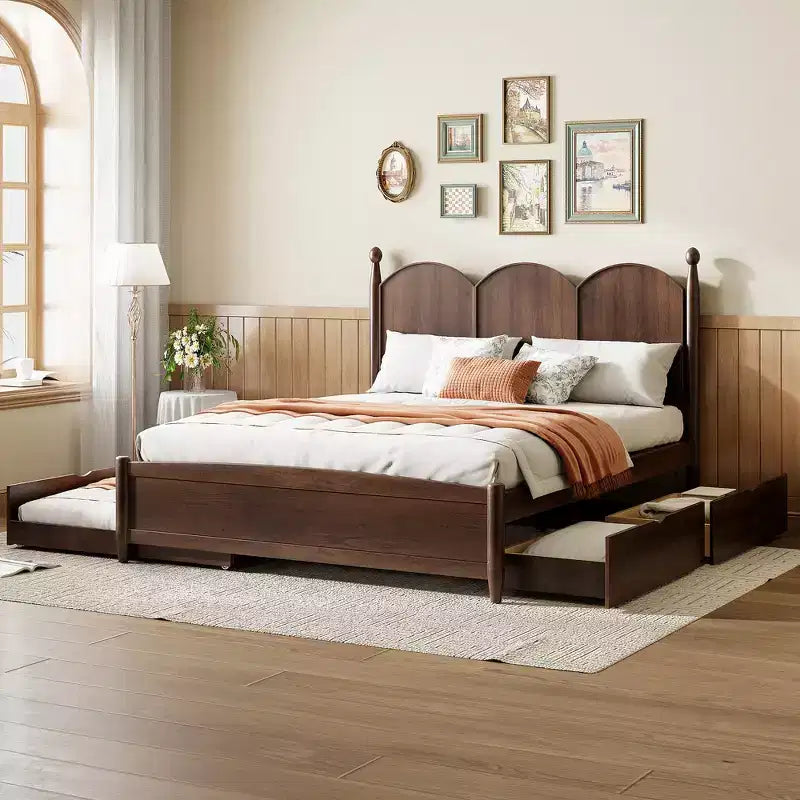 Lit plateforme Queen avec 2 tiroirs et lit gigogne double XL – MDF et pin, capacité de 340 kg, tête de lit incurvée