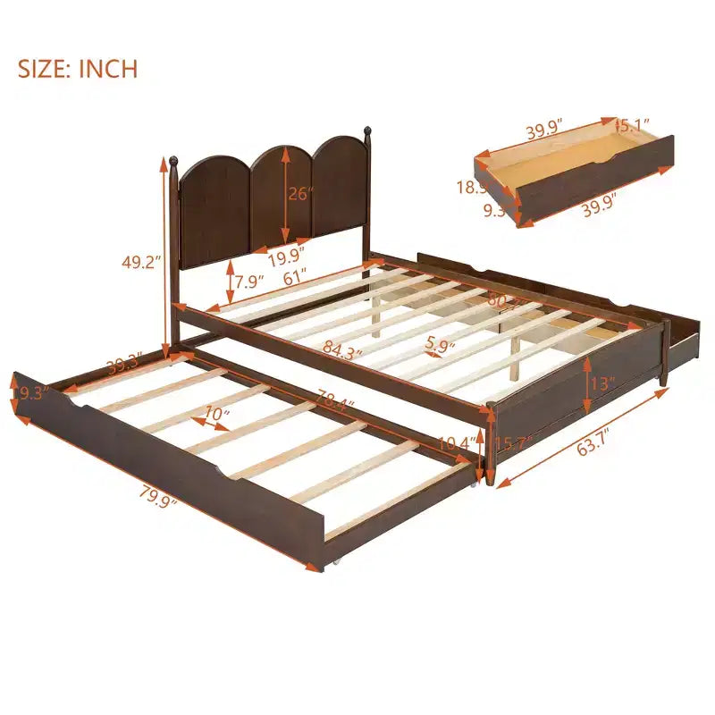 Lit plateforme Queen avec 2 tiroirs et lit gigogne double XL – MDF et pin, capacité de 340 kg, tête de lit incurvée