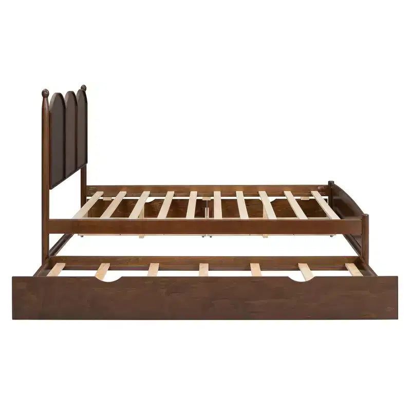 Lit plateforme Queen avec 2 tiroirs et lit gigogne double XL – MDF et pin, capacité de 340 kg, tête de lit incurvée
