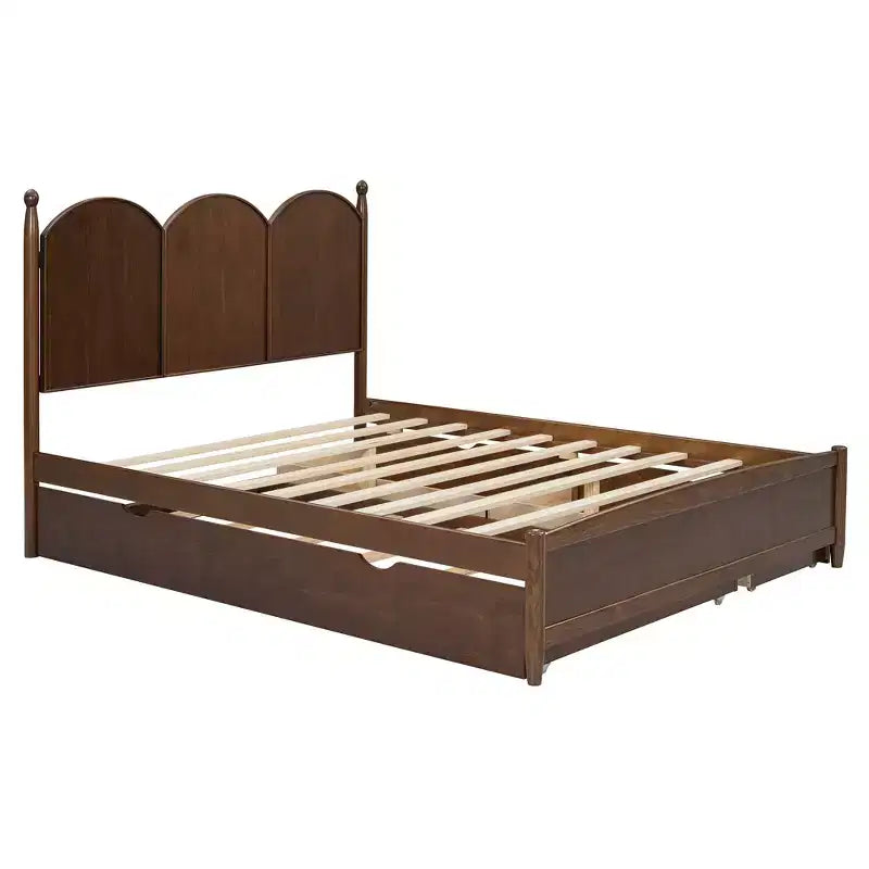 Lit plateforme Queen avec 2 tiroirs et lit gigogne double XL – MDF et pin, capacité de 340 kg, tête de lit incurvée