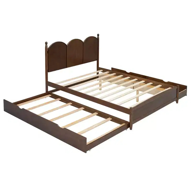 Lit plateforme Queen avec 2 tiroirs et lit gigogne double XL – MDF et pin, capacité de 340 kg, tête de lit incurvée