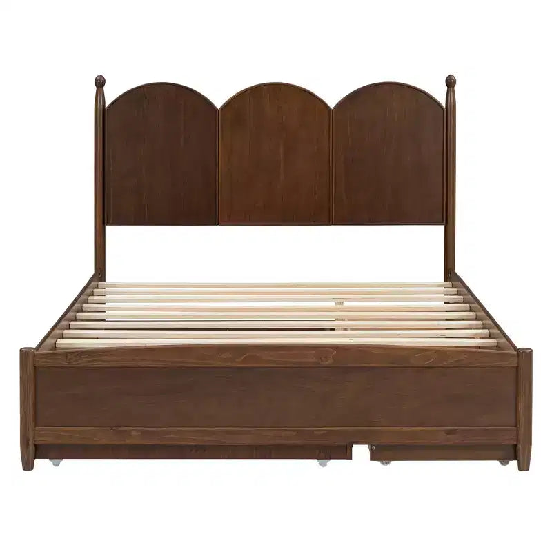 Lit plateforme Queen avec 2 tiroirs et lit gigogne double XL – MDF et pin, capacité de 340 kg, tête de lit incurvée