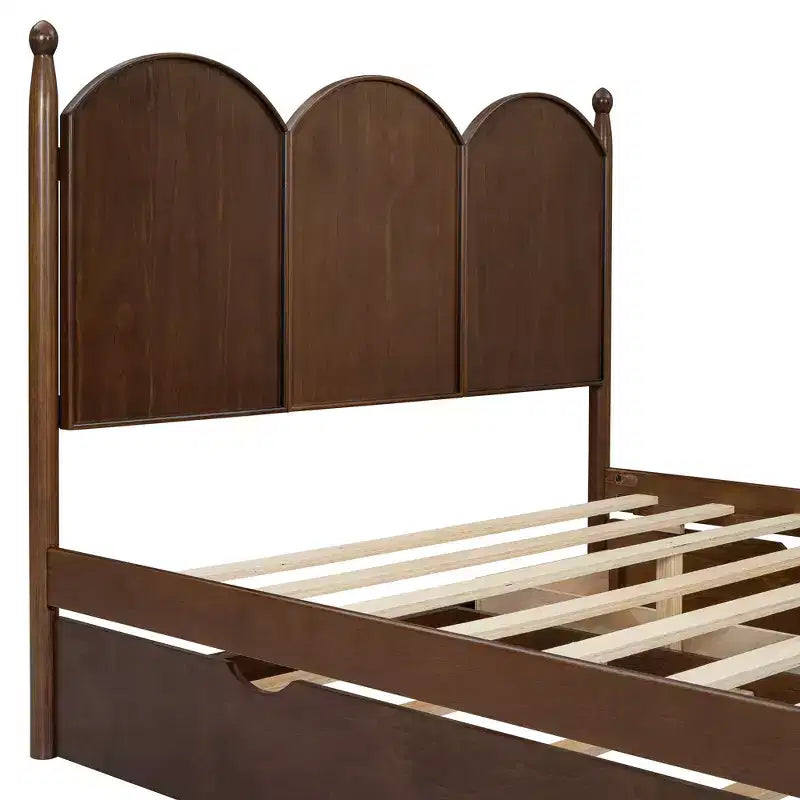 Lit plateforme Queen avec 2 tiroirs et lit gigogne double XL – MDF et pin, capacité de 340 kg, tête de lit incurvée