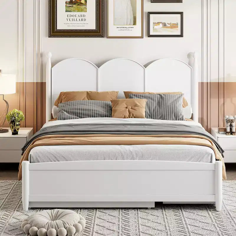 Lit plateforme Queen avec 2 tiroirs et lit gigogne double XL – MDF et pin, capacité de 340 kg, tête de lit incurvée