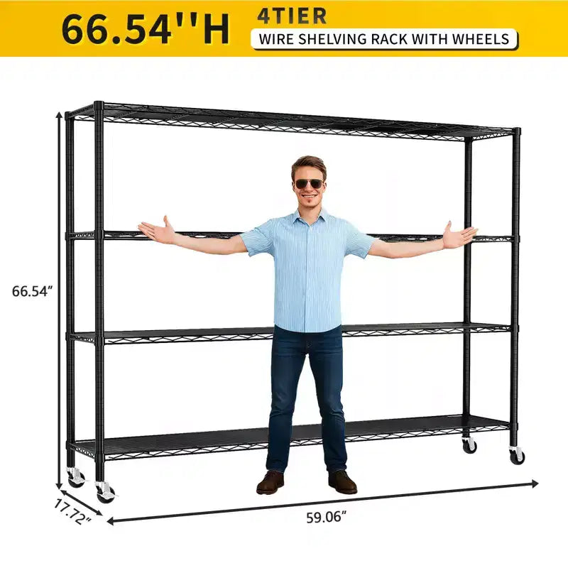 Étagère à 4 niveaux en fer réglable avec roulettes – 169 cm H x 150 cm L, Noir mat, Ajustement sans outils