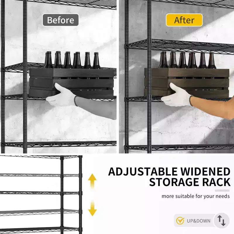 Étagère à 4 niveaux en fer réglable avec roulettes – 169 cm H x 150 cm L, Noir mat, Ajustement sans outils