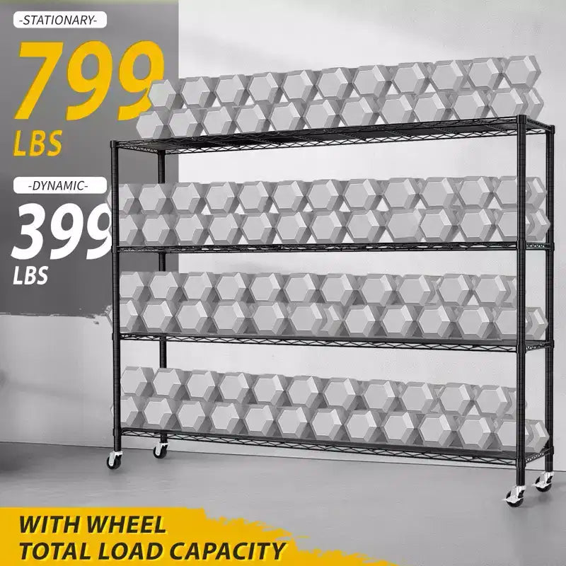 Étagère à 4 niveaux en fer réglable avec roulettes – 169 cm H x 150 cm L, Noir mat, Ajustement sans outils
