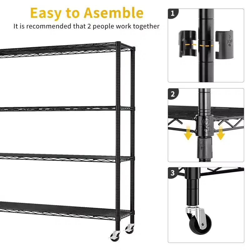 Étagère à 4 niveaux en fer réglable avec roulettes – 169 cm H x 150 cm L, Noir mat, Ajustement sans outils