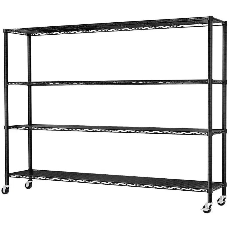 Étagère à 4 niveaux en fer réglable avec roulettes – 169 cm H x 150 cm L, Noir mat, Ajustement sans outils
