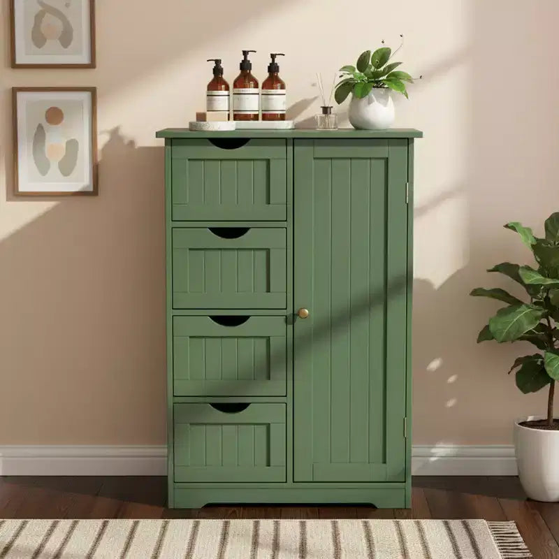 Green Bathroom Storage Cabinet with 4 Drawers and 1 Door