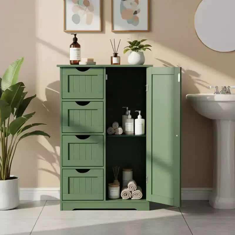 Meuble de rangement de salle de bain avec 4 tiroirs et 1 porte – 82,5 cm H x 56 cm L, étagère réglable, vert