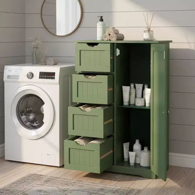 Meuble de rangement de salle de bain avec 4 tiroirs et 1 porte – 82,5 cm H x 56 cm L, étagère réglable, vert