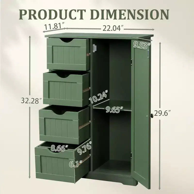 Meuble de rangement de salle de bain avec 4 tiroirs et 1 porte – 82,5 cm H x 56 cm L, étagère réglable, vert