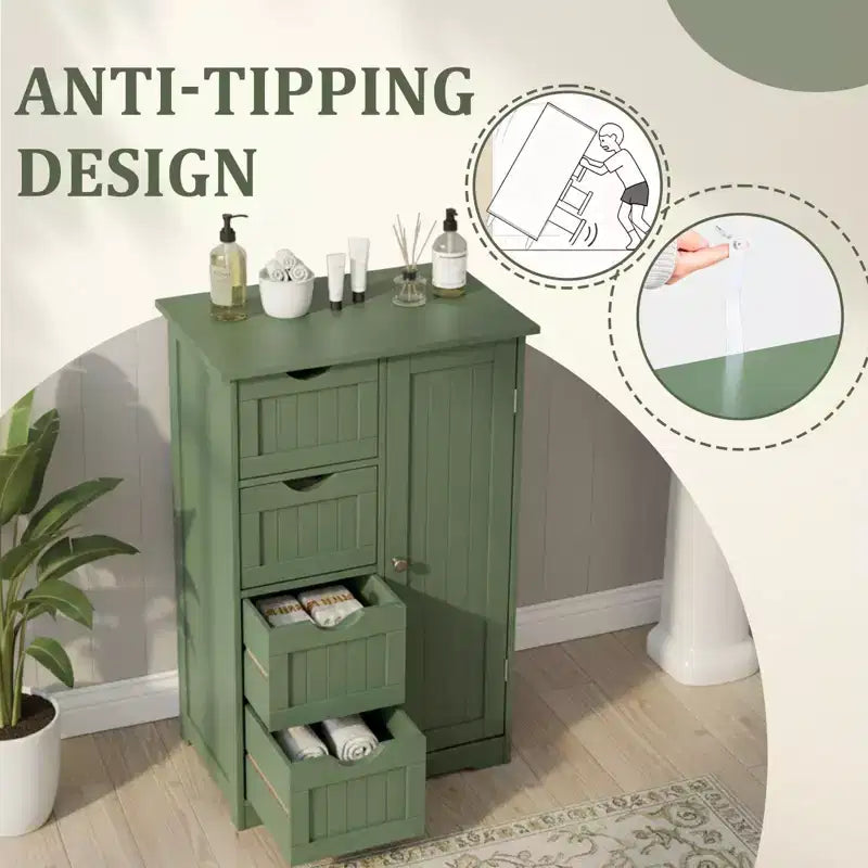 Meuble de rangement de salle de bain avec 4 tiroirs et 1 porte – 82,5 cm H x 56 cm L, étagère réglable, vert