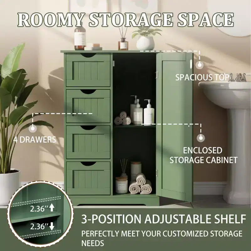 Meuble de rangement de salle de bain avec 4 tiroirs et 1 porte – 82,5 cm H x 56 cm L, étagère réglable, vert