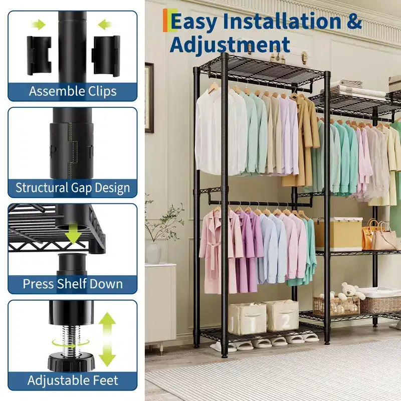 Portant à vêtements autoportant robuste avec étagères réglables – Acier au carbone, Chambre et entrée