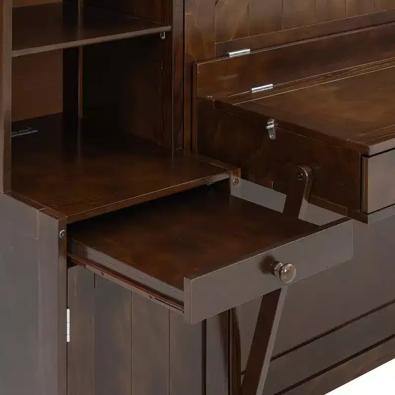 Lit escamotable Queen avec bureau intégré, armoires et tiroirs – Bois massif, capacité de 272 kg, 2 finitions