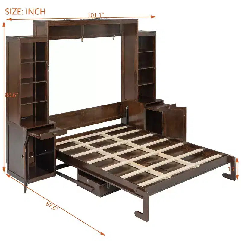 Lit escamotable Queen avec bureau intégré, armoires et tiroirs – Bois massif, capacité de 272 kg, 2 finitions