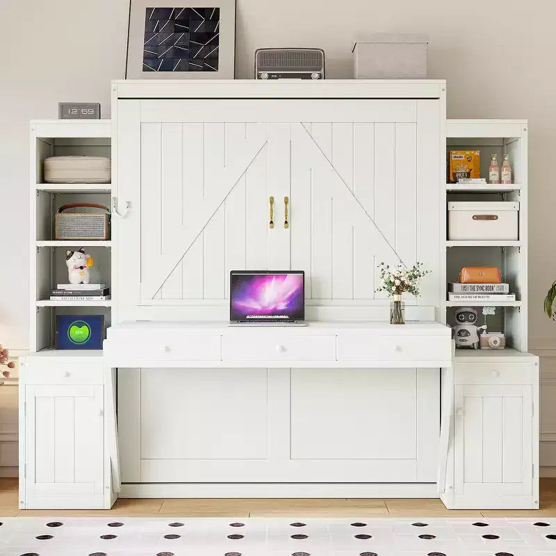 Lit escamotable Queen avec bureau intégré, armoires et tiroirs – Bois massif, capacité de 272 kg, 2 finitions