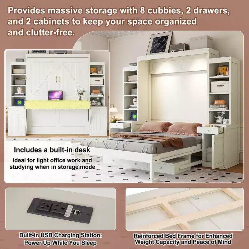 Lit escamotable Queen avec bureau intégré, armoires et tiroirs – Bois massif, capacité de 272 kg, 2 finitions
