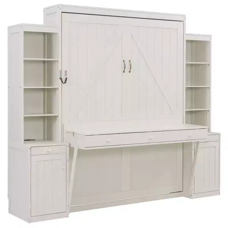 Lit escamotable Queen avec bureau intégré, armoires et tiroirs – Bois massif, capacité de 272 kg, 2 finitions