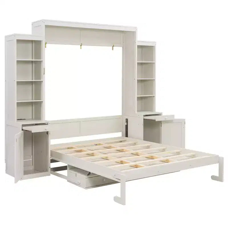 Lit escamotable Queen avec bureau intégré, armoires et tiroirs – Bois massif, capacité de 272 kg, 2 finitions