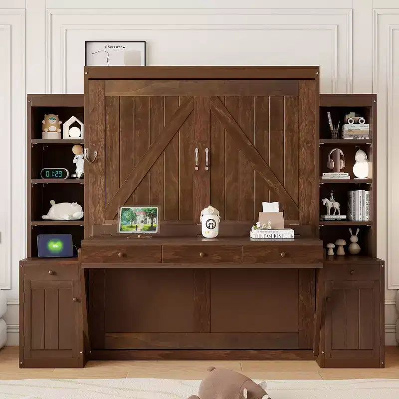 Lit escamotable Queen avec bureau intégré, armoires et tiroirs – Bois massif, capacité de 272 kg, 2 finitions