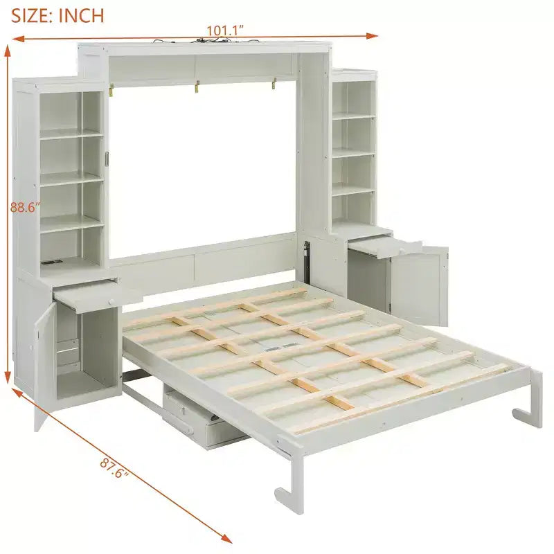 Lit escamotable Queen avec bureau intégré, armoires et tiroirs – Bois massif, capacité de 272 kg, 2 finitions