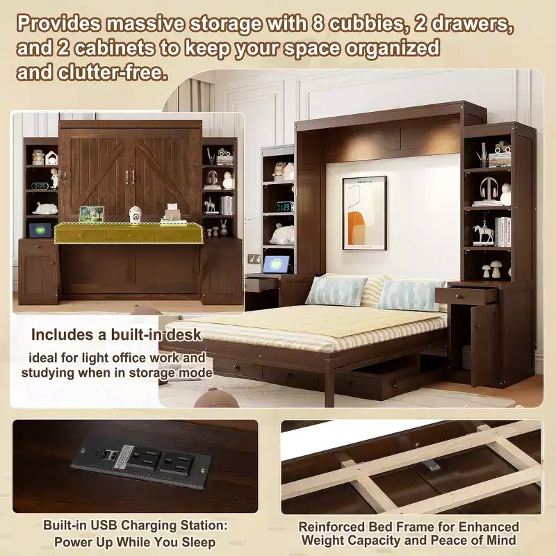 Lit escamotable Queen avec bureau intégré, armoires et tiroirs – Bois massif, capacité de 272 kg, 2 finitions