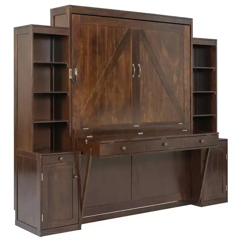 Lit escamotable Queen avec bureau intégré, armoires et tiroirs – Bois massif, capacité de 272 kg, 2 finitions