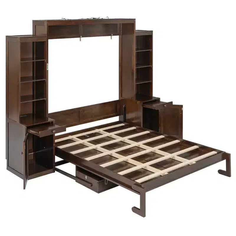 Lit escamotable Queen avec bureau intégré, armoires et tiroirs – Bois massif, capacité de 272 kg, 2 finitions