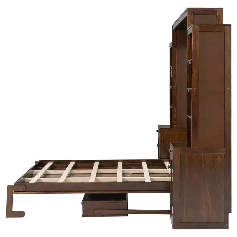 Lit escamotable Queen avec bureau intégré, armoires et tiroirs – Bois massif, capacité de 272 kg, 2 finitions