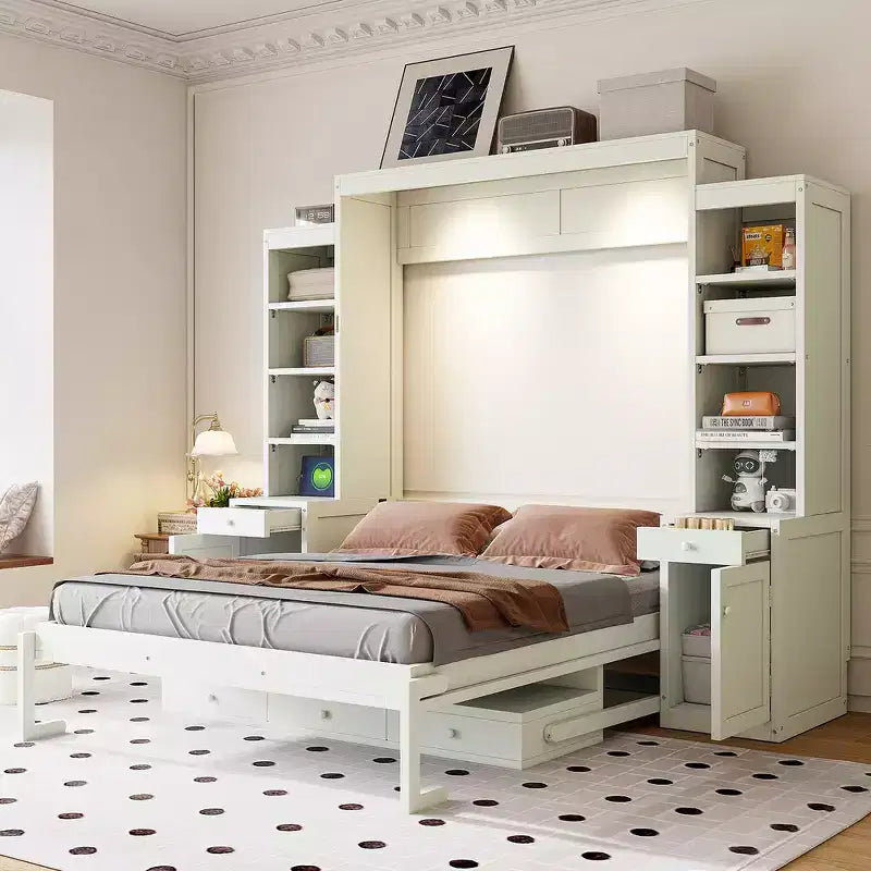 Lit escamotable Queen avec bureau intégré, armoires et tiroirs – Bois massif, capacité de 272 kg, 2 finitions