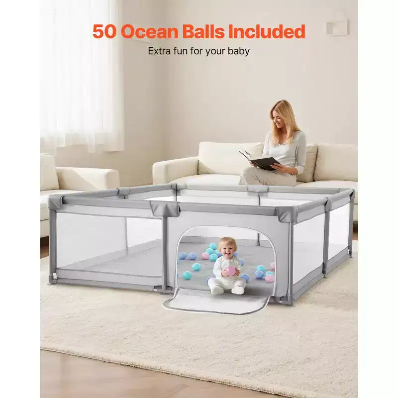 Parc pour bébé très grand 200 x 178,5 cm avec 50 balles de l'océan, cadre en fer, maille sans BPA, intérieur/extérieur